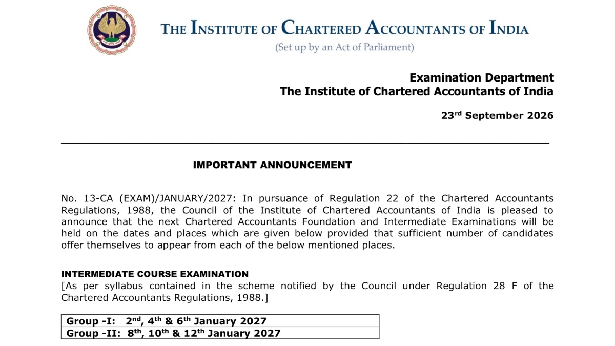 CA Foundation And Inter January Dates 2027