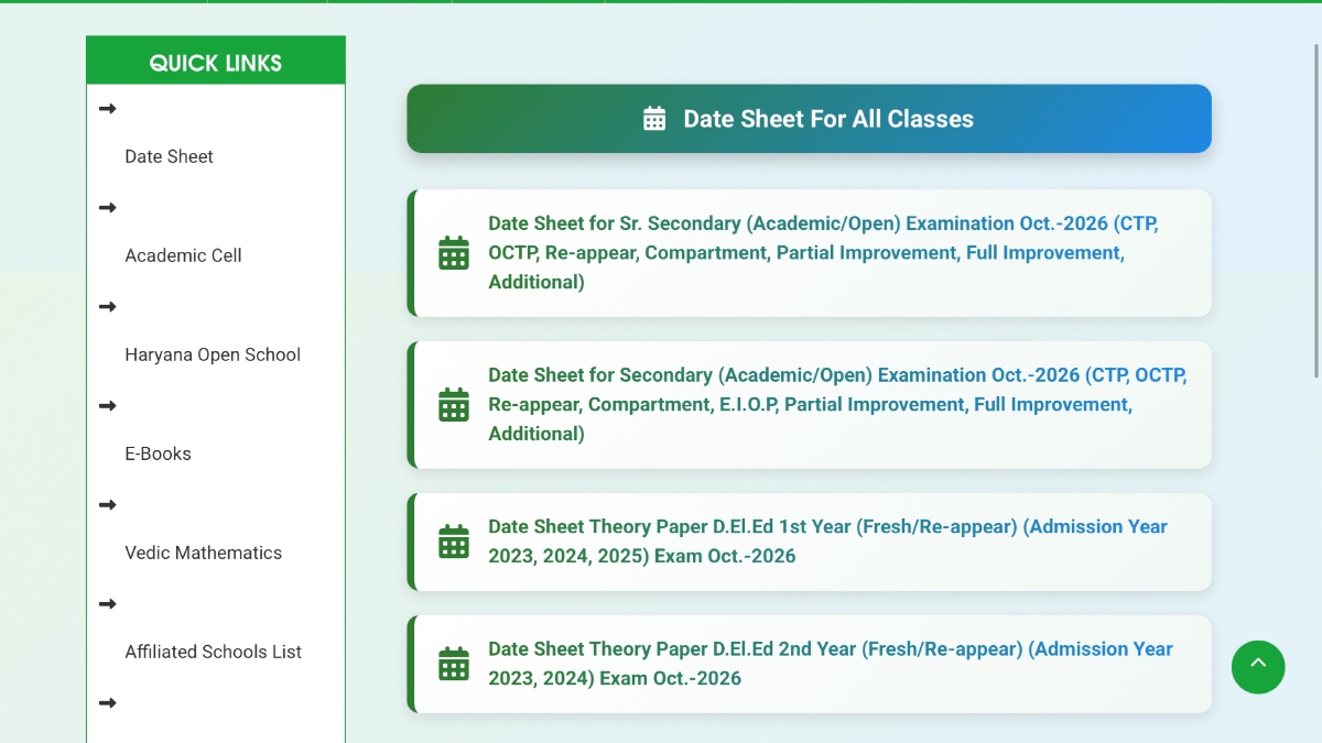 Haryana Board Date Sheet 